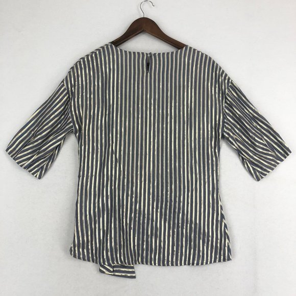Eva Franco Women's Size 6 Blue White Gold Lurex Striped Tie Front Blouse - Picture 10 of 11